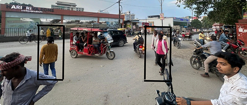 Pedestrian observation study at a busy intersection, with crossings marked on the frame