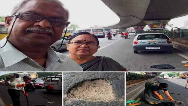 Gangadhara Tilak Katnam with his wife continuing the pothole repair work